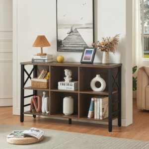 HOMBAZAAR Cube Storage Organizer Shelf, Industrial Horizontal Bookshelf with 6 Cube Storage, Rustic Low Cube Bookshelf with 3 Shelves, Short Wide Bookcase for Office,Living Room,Apartment,Brown