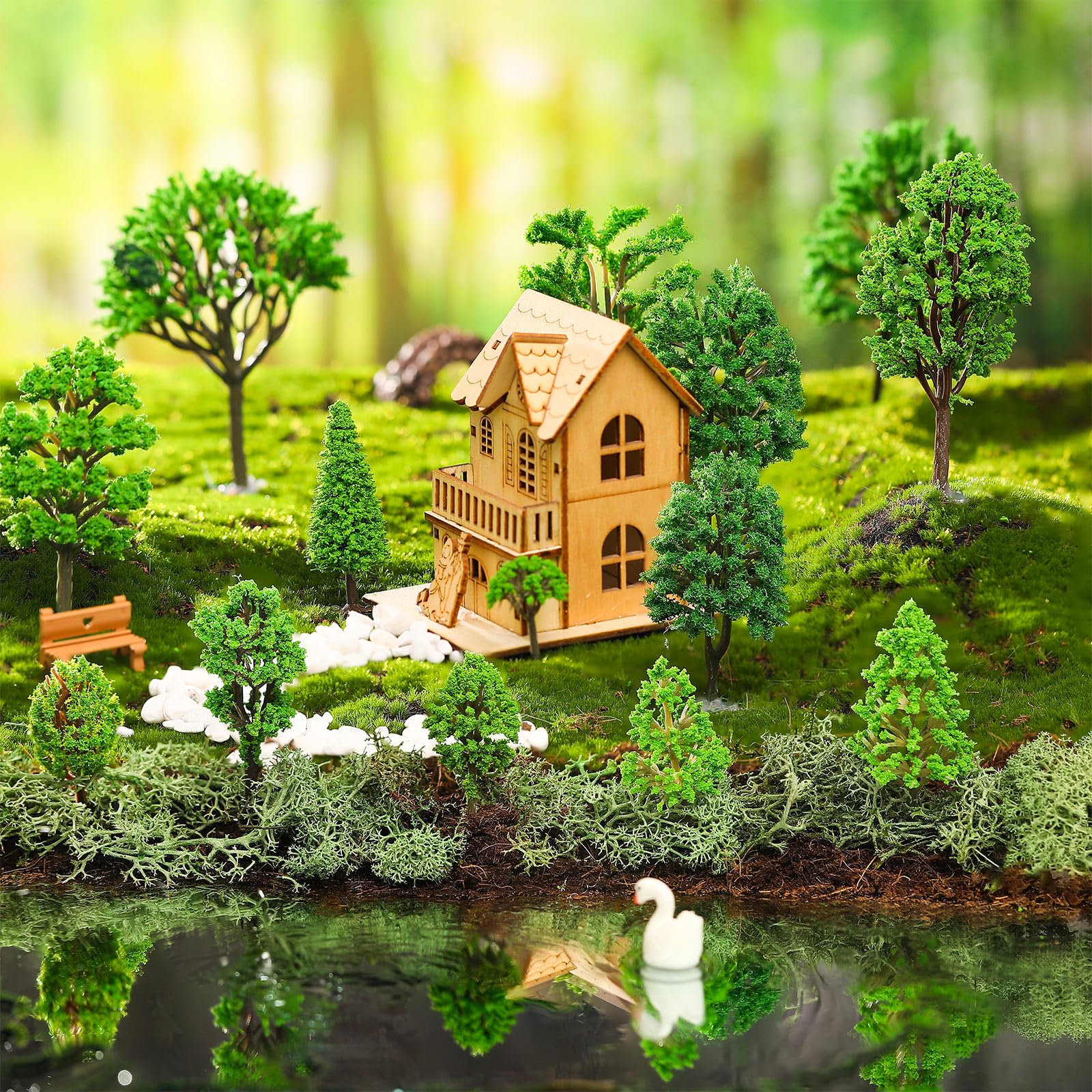 Lineshading 100 Pcs Mixed Model Trees Green Train Scenery Landscape Pine Miniature Diorama Trees for Train Crafts Village Dollhouse Garden Scenery Accessories DIY Road Architecture Building