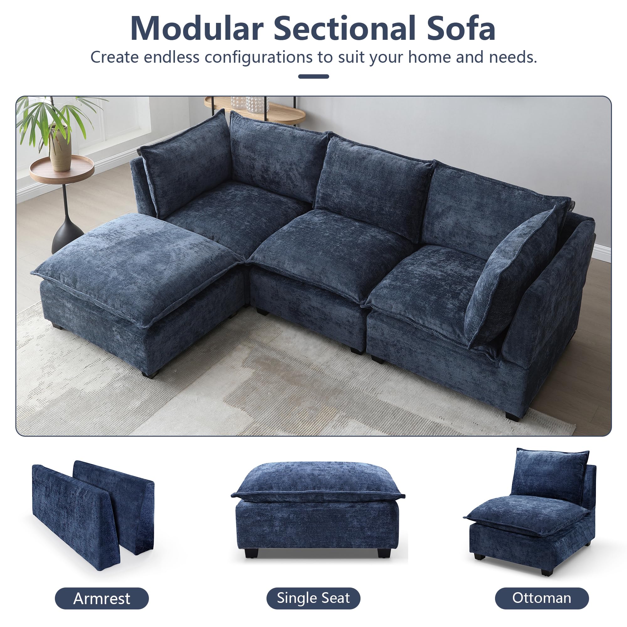 GNIXUU Cloud Modular Sectional Sofa, Convertible Large L-Shape Feather Filled Comfort Sectional Sofa with Ottoman, Linen Deep 4 Seat Couches for Living Room. Washable Cover, Blue