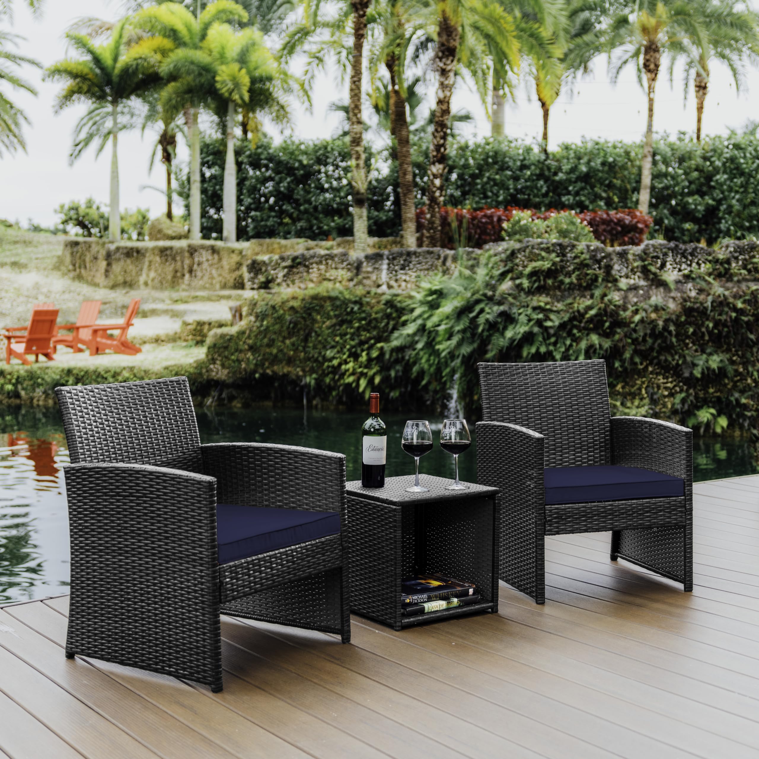 Nestl Wicker Outdoor Furniture Set - 3 Piece Patio Bistro Set (Grey/Navy)