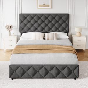 GAOMON Queen Size Bed Frame with 4 Storage Drawers and Headboard, Linen Upholstered Platform Bed Frame with Wooden Slats Support, Diamond Stitched Button Tufted, No Box Spring Needed, Dark Grey