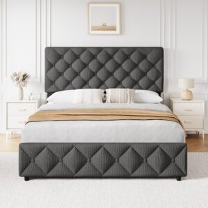 GAOMON Queen Size Bed Frame with 4 Storage Drawers and Headboard, Linen Upholstered Platform Bed Frame with Wooden Slats Support, Diamond Stitched Button Tufted, No Box Spring Needed, Dark Grey