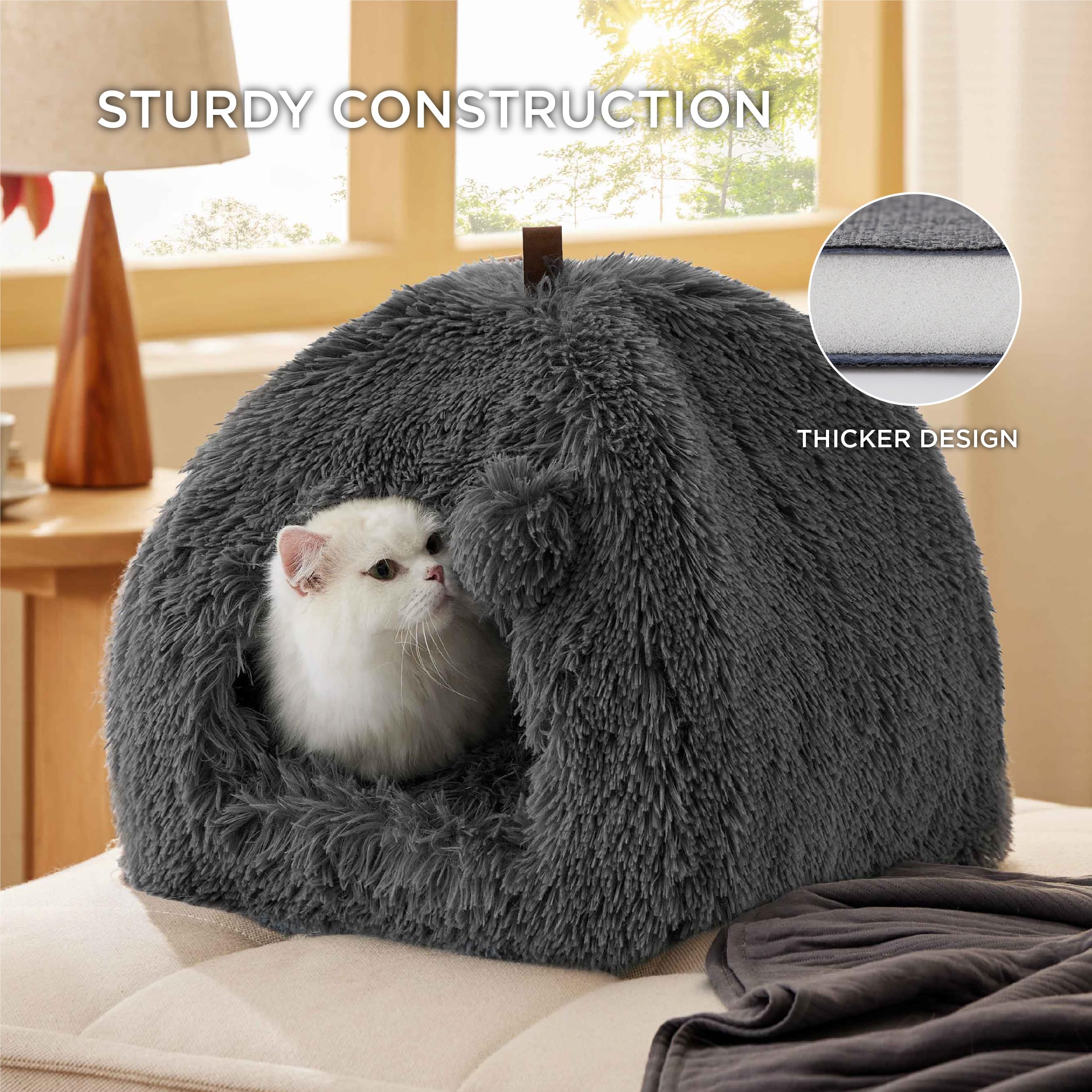 Bedsure Cat Beds for Indoor Cats - 2 in 1 Cat Cave for Kittens and Small Pets, Cat House Tent with Removable Washable Cushioned Pillow, Cat Hideaway with Non-Slip Bottom, Plush Grey, 16 inches