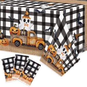 haooryx 3 packs halloween party little boo tablecloth decoration set, cute ghost bat pumpkin disposable plastic tablecloth, cartoon plaid table cover for halloween table decor party supplies