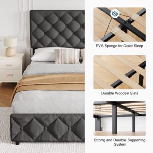 GAOMON Queen Size Bed Frame with 4 Storage Drawers and Headboard, Linen Upholstered Platform Bed Frame with Wooden Slats Support, Diamond Stitched Button Tufted, No Box Spring Needed, Dark Grey