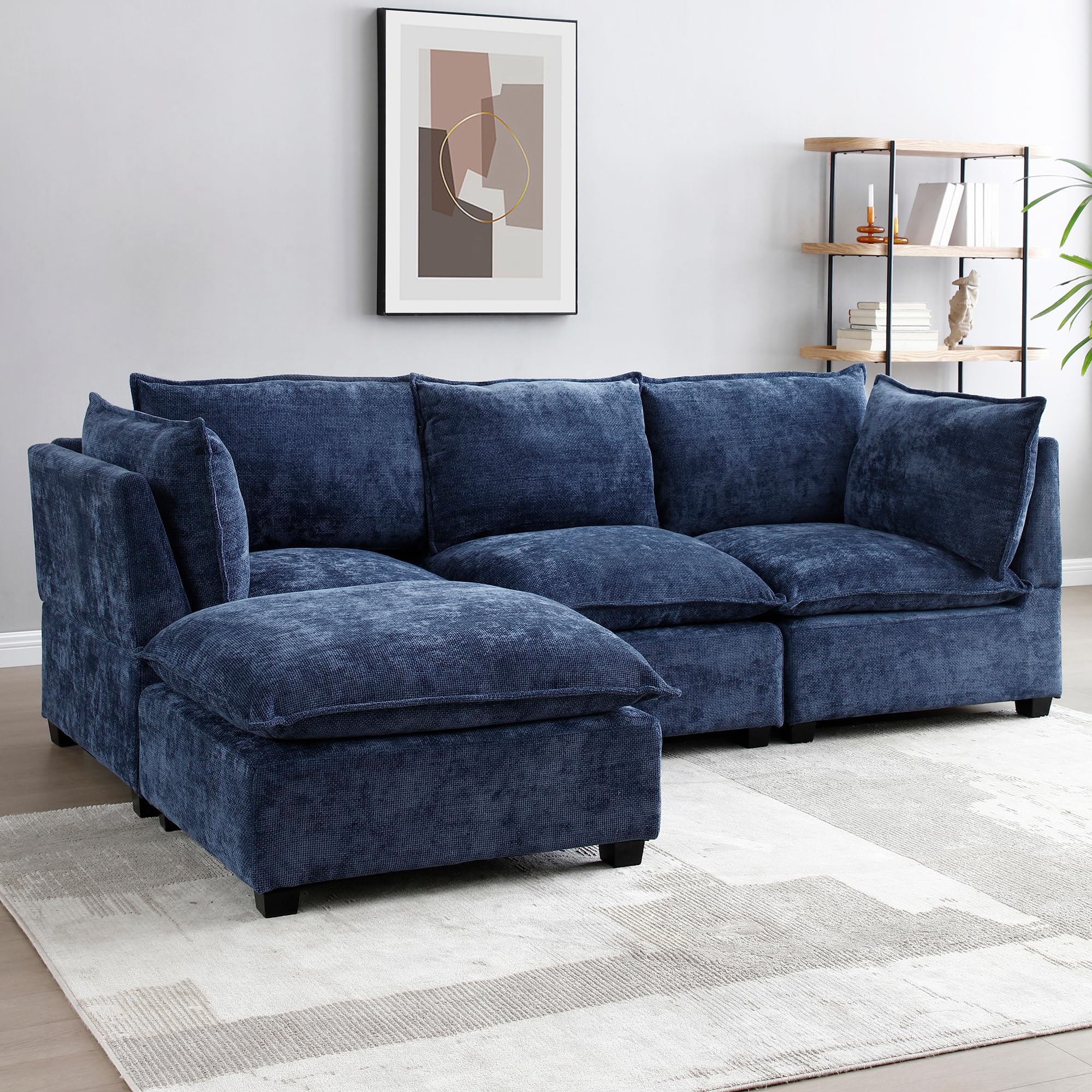 GNIXUU Cloud Modular Sectional Sofa, Convertible Large L-Shape Feather Filled Comfort Sectional Sofa with Ottoman, Linen Deep 4 Seat Couches for Living Room. Washable Cover, Blue