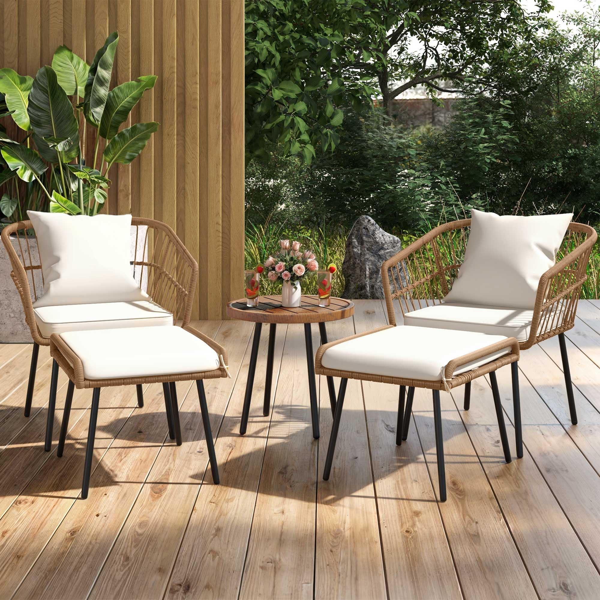 DWVO Patio Furniture Set, 5 Pieces Wicker Outdoor Patio Bistro Set with Ottomans Footrest and Side Table for Porch Balcony Yard Garden Backyard Poolside, Beige