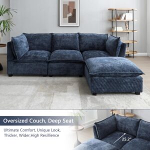 GNIXUU Cloud Modular Sectional Sofa, Convertible Large L-Shape Feather Filled Comfort Sectional Sofa with Ottoman, Linen Deep 4 Seat Couches for Living Room. Washable Cover, Blue