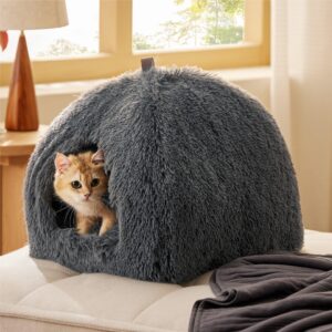 Bedsure Cat Beds for Indoor Cats - 2 in 1 Cat Cave for Kittens and Small Pets, Cat House Tent with Removable Washable Cushioned Pillow, Cat Hideaway with Non-Slip Bottom, Plush Grey, 16 inches