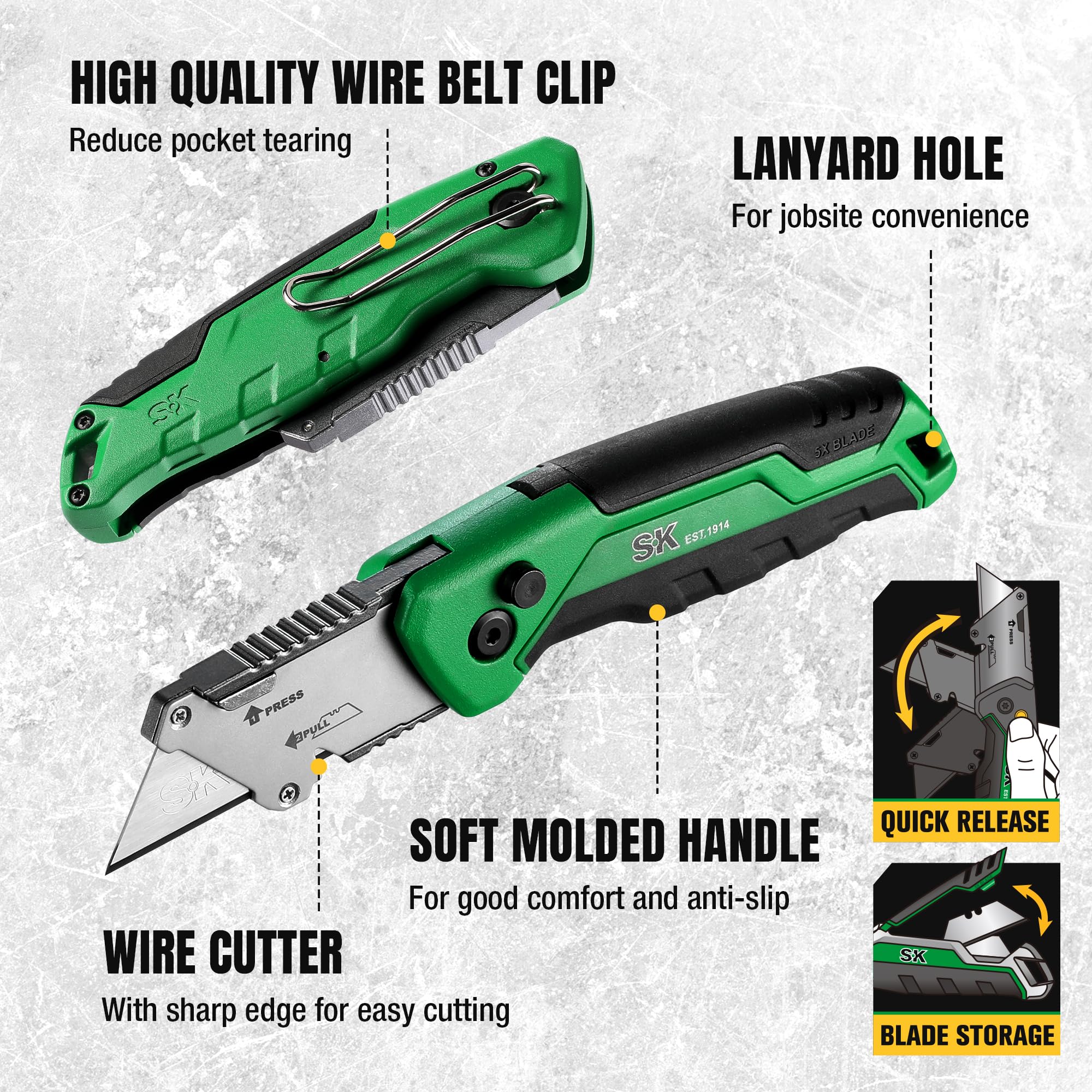 SK Folding Utility Knife with Additional Wire Cutter, Quick Change Box Cutter, Blade Storage in Handle, Extra 4 SK2M Blades Included