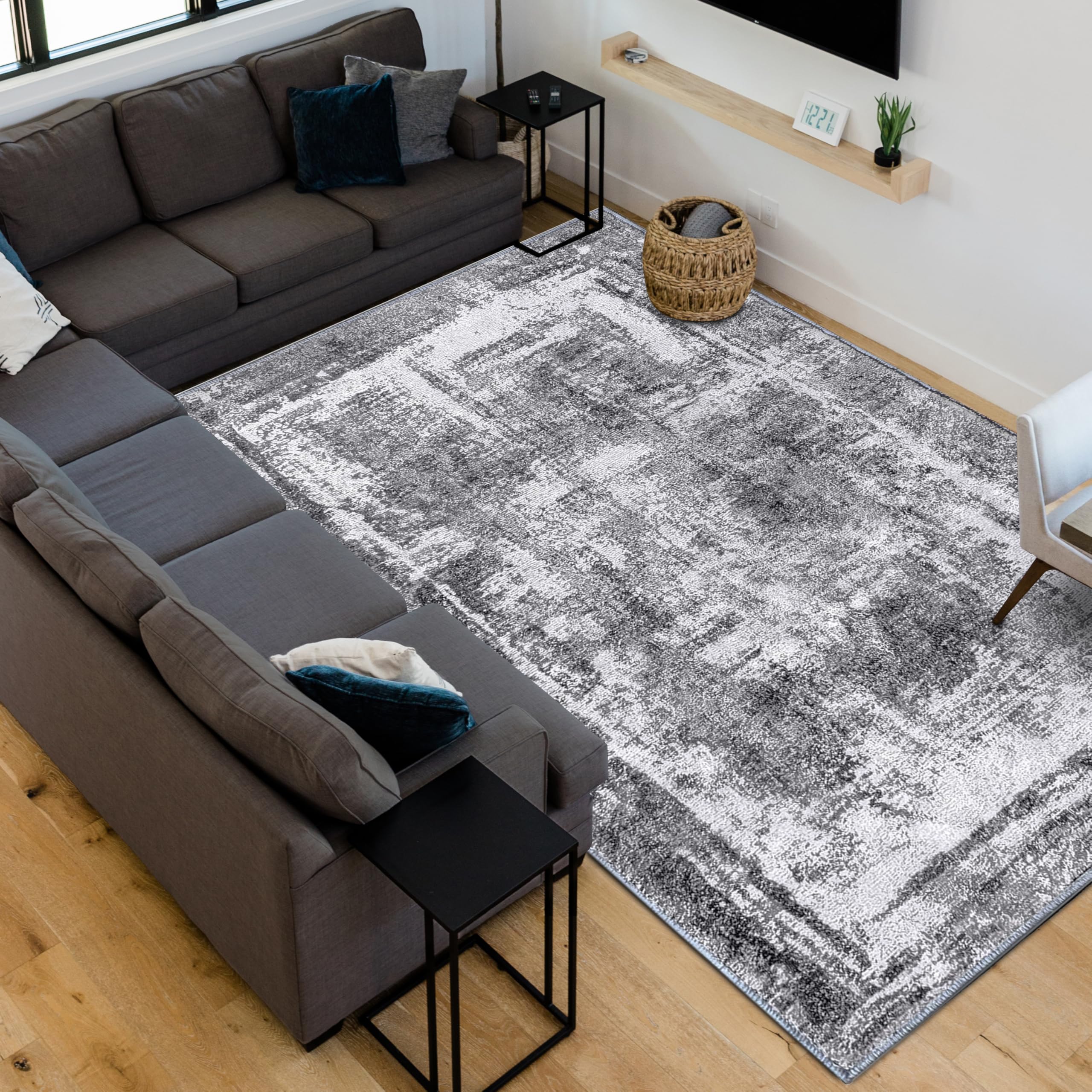 Hudson Comfort 6x8 Area Rug – Faux Cashmere Living Room Area Rug – Machine Washable Area Rugs with Anti-Slip TPR Back – Super Soft 6mm Pile Height Area Rug – Pet-Friendly Area Rugs for Bedroom - Grey