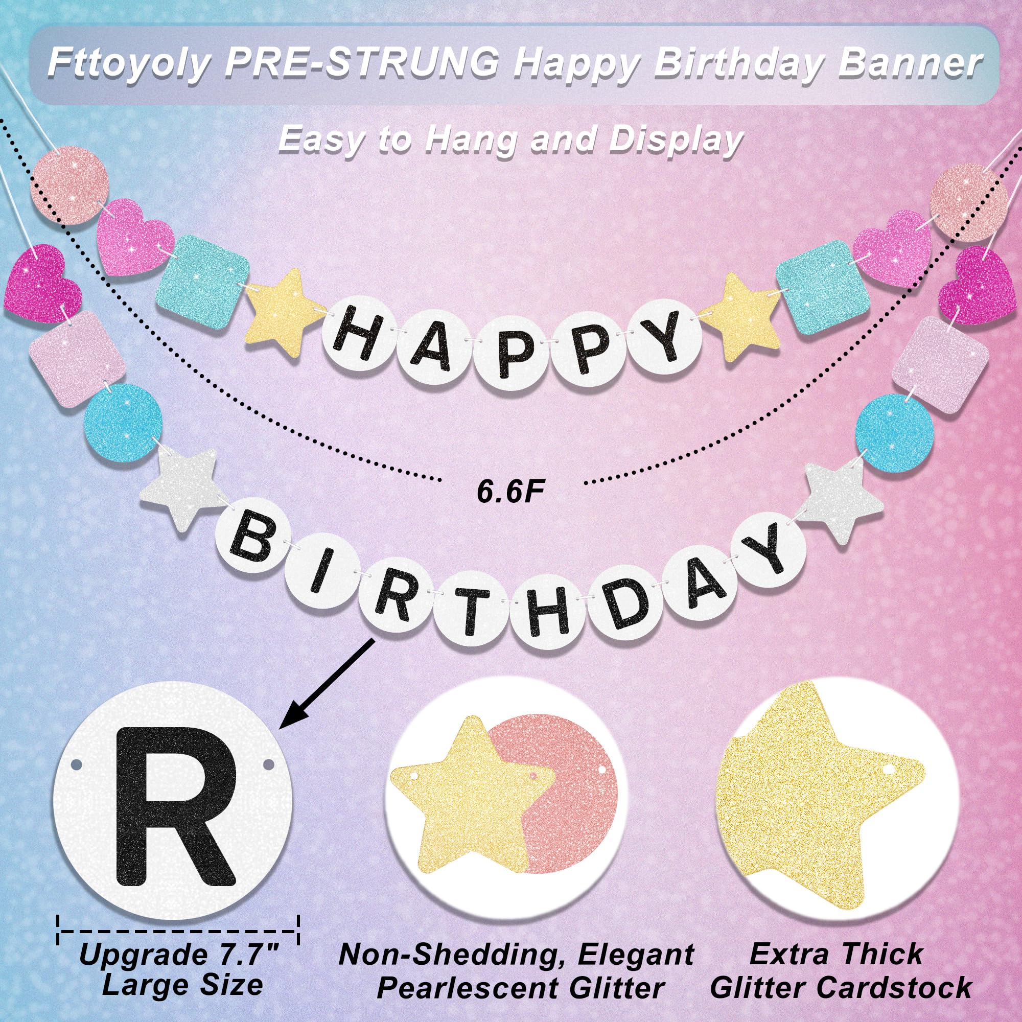 Fttoyoly Pre-Strung Friendship Bracelet Happy Birthday Banner 6.6 ft Glitter Taylor Birthday Banner Decorations, DIY Unique Name, Date Birthday Banner