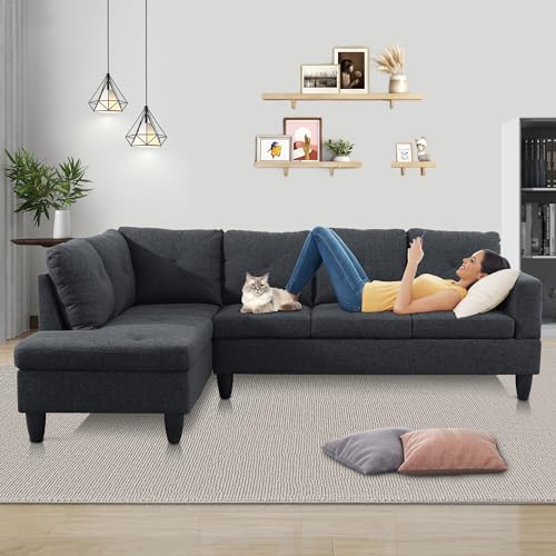 LostCat 97" W Sectional Couches for Living Room, Flannel Modular Sectional Sofa Set for Living Room Couch, L Shape Couch for Living Room Furniture Sets, Black Grey