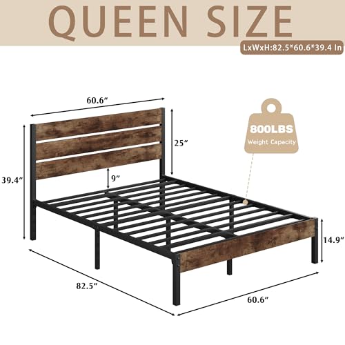 Foredawn Queen Bed Frame with Headboard and Footboard, 14 Inch Metal Platform Bed, Mattress Foundation, No Box Spring Needed, Noise Free, Under Bed Storage, Easy Assembly, Rustic Brown