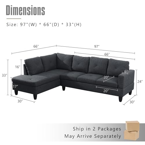 LostCat 97" W Sectional Couches for Living Room, Flannel Modular Sectional Sofa Set for Living Room Couch, L Shape Couch for Living Room Furniture Sets, Black Grey