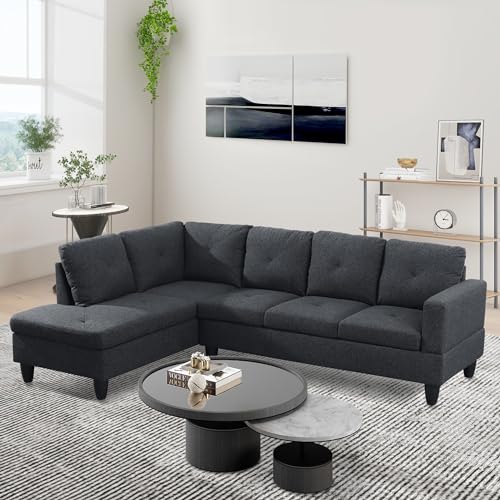 LostCat 97" W Sectional Couches for Living Room, Flannel Modular Sectional Sofa Set for Living Room Couch, L Shape Couch for Living Room Furniture Sets, Black Grey