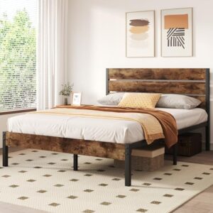 Foredawn Queen Bed Frame with Headboard and Footboard, 14 Inch Metal Platform Bed, Mattress Foundation, No Box Spring Needed, Noise Free, Under Bed Storage, Easy Assembly, Rustic Brown