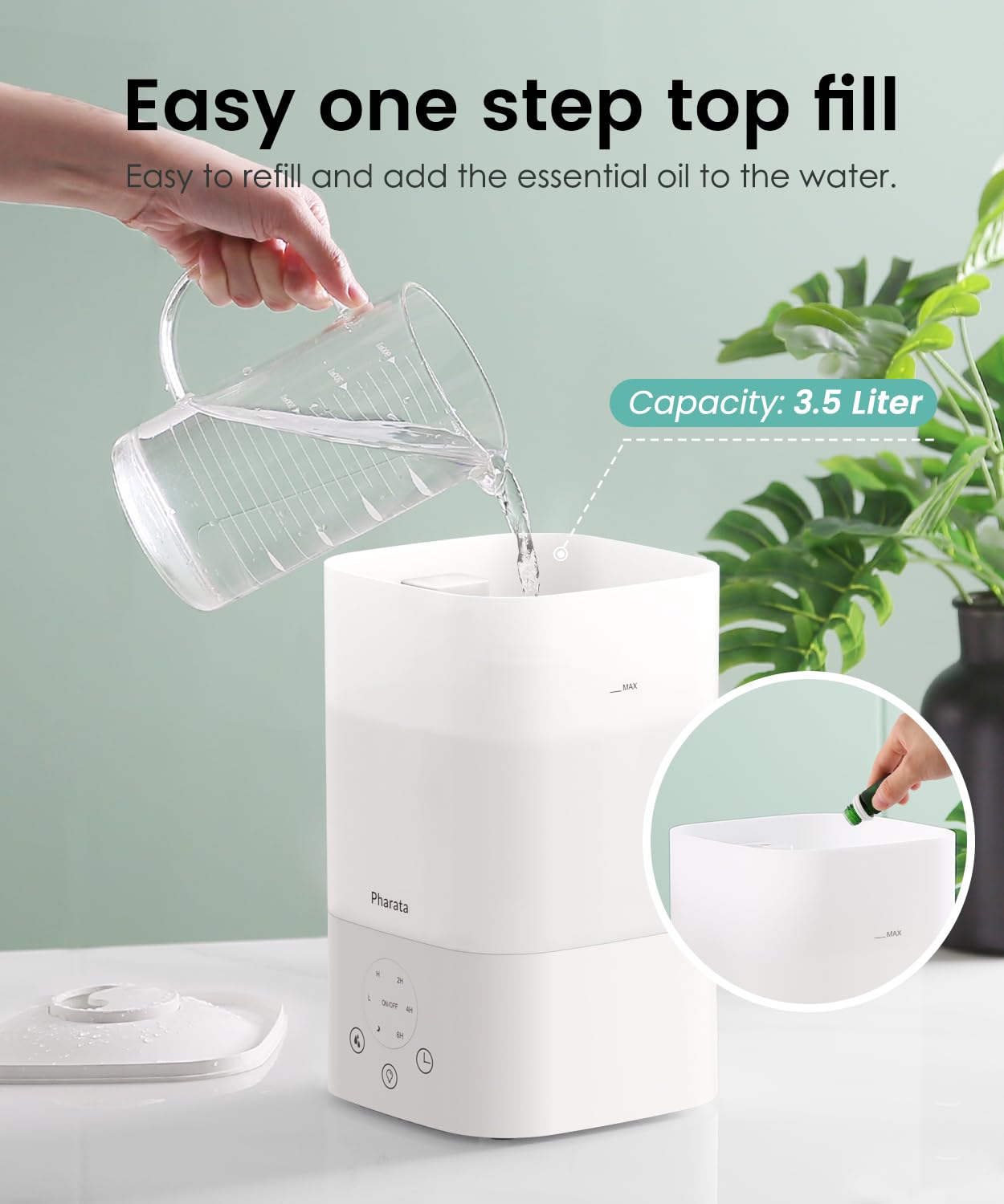 Pharata Humidifiers for Bedroom Baby, 3.5L Top Fill Air Humidifiers for Home, Ultrasonic Cool Mist Humidifiers for Large Room Indoor Plants Nursery, Night Light, White