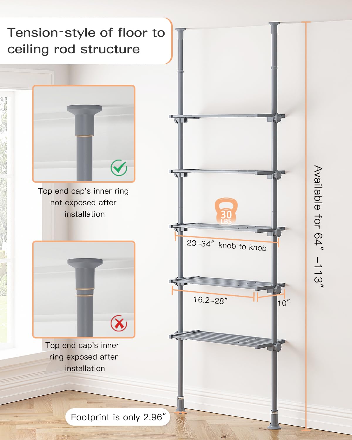 ALLZONE 5-Tier Narrow Bookshelf, Adjustable Width and Height, Tall Ladder Book Shelf with Open Storage,Floor to Ceiling Tension Mount Industrial Bookcase for Living Room,64 to 113Inch Height,Dark Grey