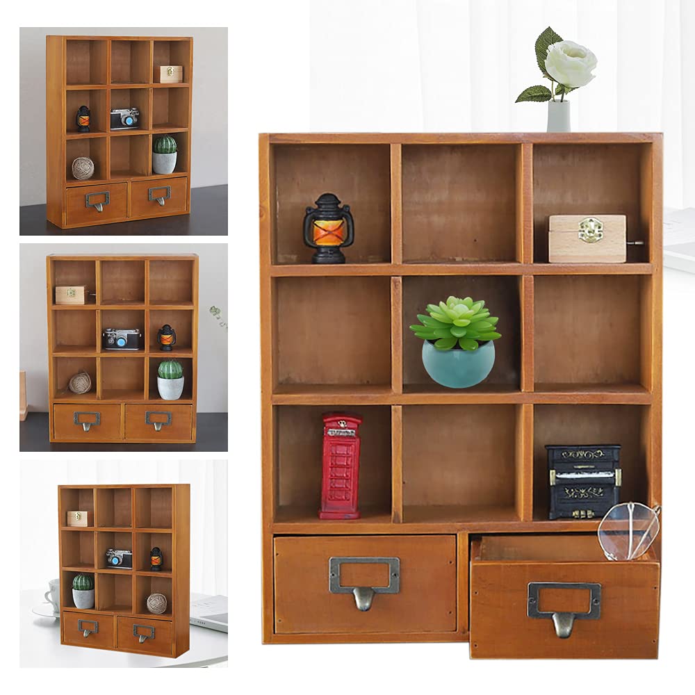 AHULIN 9-Cube Wooden Storage Shelf Organizer with 2 Drawers, Desktop Bookshelf Display Cabinet for Bedroom Aesthetic Cube Storage (Brown)