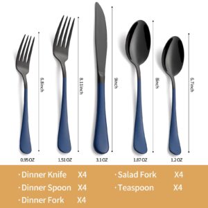 LKTDYMEG 20-Piece Black and Dark Blue Silverware Set 18/0 Stainless Steel Silverware Set Dark Blue Handle Cutlery Set Service for 4 Dinner Knives Forks Spoons Set Flatware Set Finish Dishwasher Safe