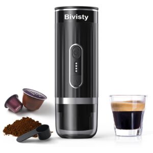 bivisty portable espresso maker for travel, camping coffee machine, electric self-heating with usb-c, ground coffee compatible with nespresso & dolce gusto for rv, outdoor, office (black)