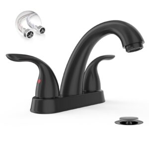 phiestina matte black 4 inch 2 handles centerset bathroom sink faucet,2 or 3 hole modern abs plastic bathroom faucet,with pop-up drain and water supply lines, bf02008-k05-mb