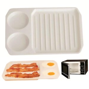 Jeorywoet Bacon Cooker for Microwave Oven, Microwave Bacon Cooker 11x8in Grooved White Microwave Bacon Tray with 2 Egg Poachers Non-Sticky Safe and Quick Classic Bacon Pan Gift, Bacon Cooker