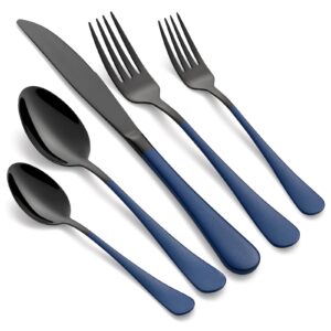 lktdymeg 20-piece black and dark blue silverware set 18/0 stainless steel silverware set dark blue handle cutlery set service for 4 dinner knives forks spoons set flatware set finish dishwasher safe