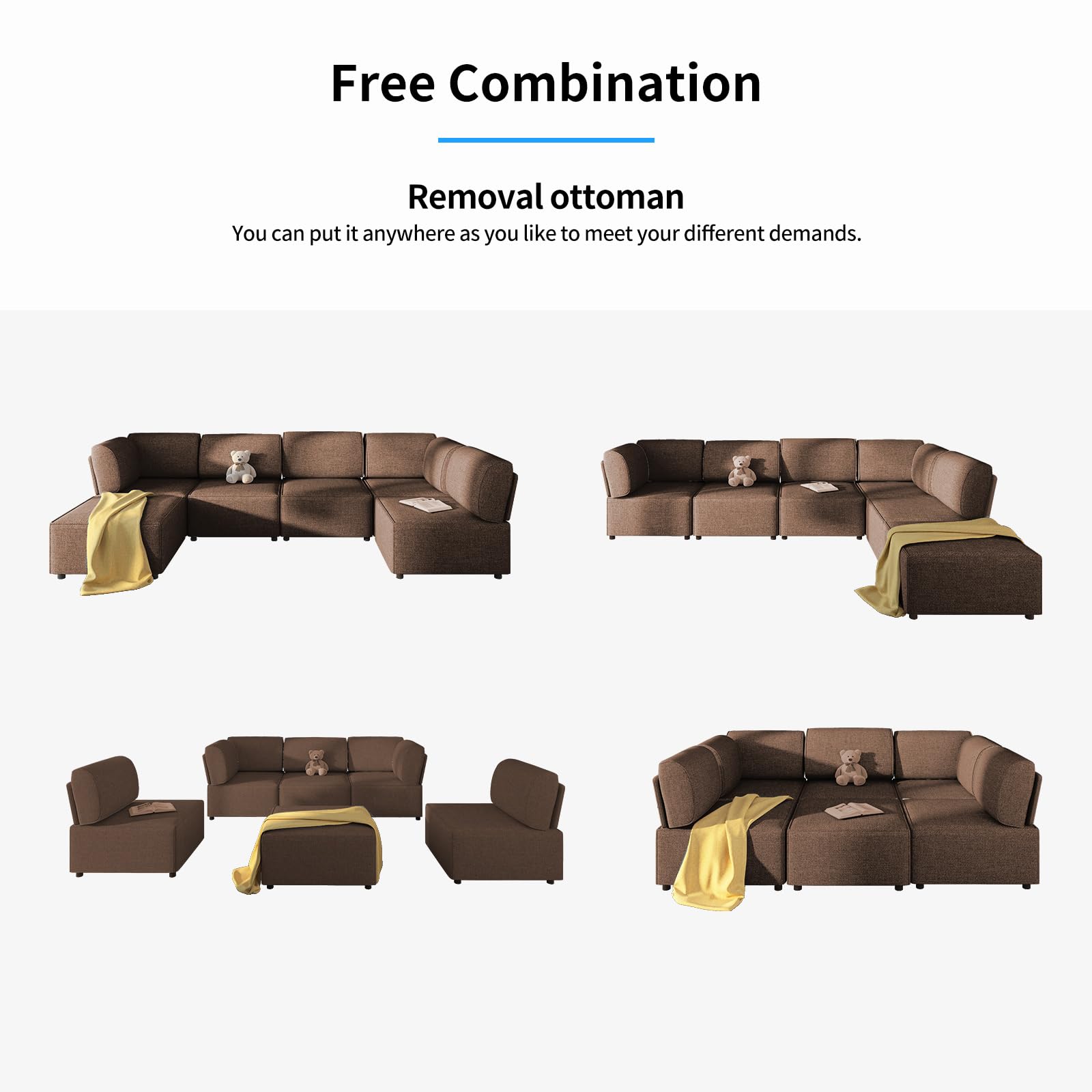 PUREMIND Modular Sectional Sofa with Chaise, Convertible Oversize L Shaped Couch with Reversible Ottoman, Linen 6 Seater Free Combination U Shaped Sleeper Sofa for Living Room, Brown