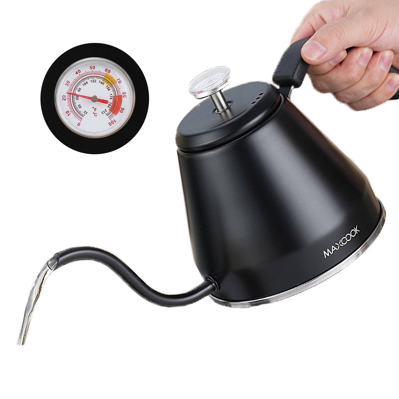 MAXCOOK Gooseneck Coffee Kettle Stovetop,40oz Stainless Steel Tea Kettle with Thermometer, Pour Over Kettle tea pots for all Stovetops(1.2L, Black)