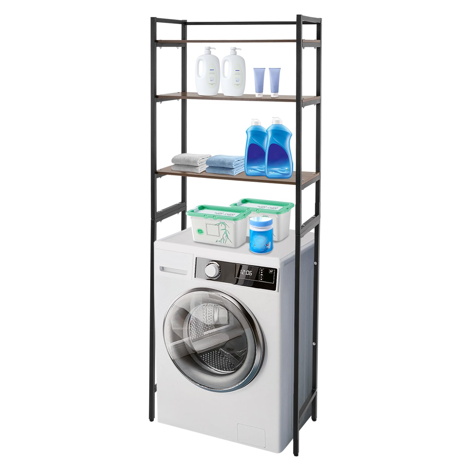 Bathroom Storage Shelf,3-Tier Height Adjustable Washing Machine Storage Rack,Freestanding Storage Rack,Over Dryer Towel Racks,Multifunctional Bathroom Rack,for Bedroom Balcony Kitchens,Black,Oak