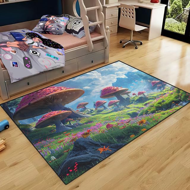 CDIWIDH Mushroom Rug for Girls Room - Pink Mushroom Area Rug 5'X7' Kids Rugs for Bedroom Girls Boys Cute Mushroom Prints Rugs Decor for Girls Bedroom Living Room Kids Play Rug 5x7 Feet