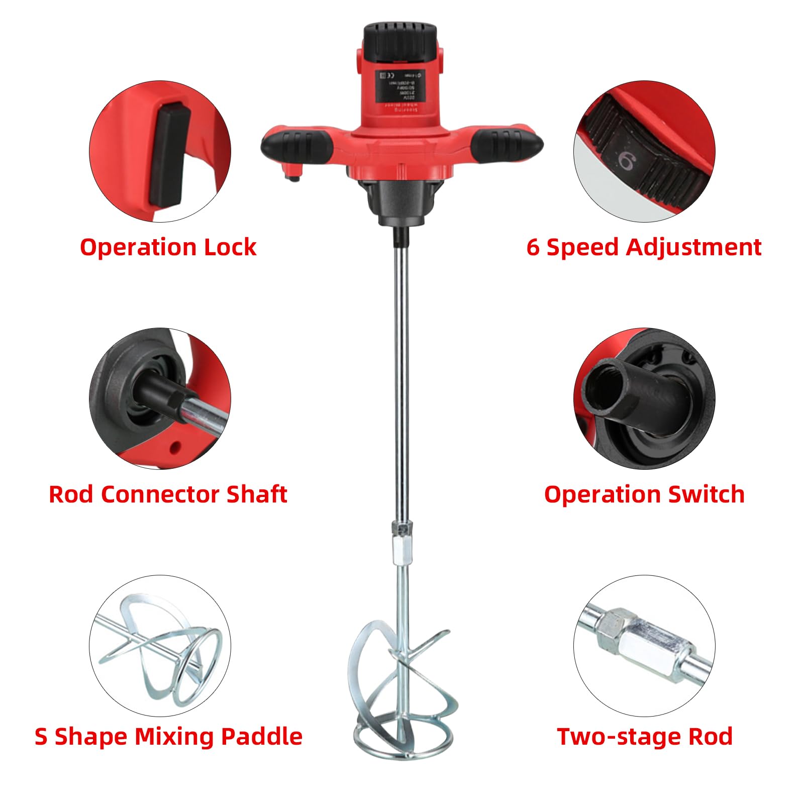 Cement Mixer,2300W Handheld Electric Concrete Mixer with 6 Adjustable Speed, 110V Portable Mud Mixer Paint Mixer for Motar Grout Plaster Thinset Fodder Stirring Tool