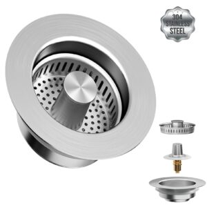 kitchen sink drain strainer and sink stopper(3 in 1), upgraded stainless steel drain basket/brass pop-up bounce core/double seal sink drain stopper, replacement for standard 3-1/2 inch drain