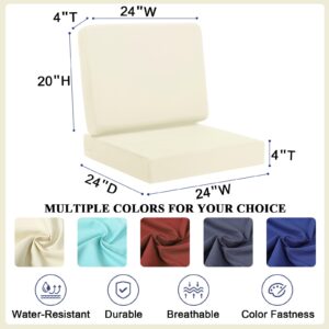 Topotdor Outdoor Deep Seat Cushion Set,Waterproof Outdoor Chair Cushions and Back Cushion for Patio Furniture with Fade Resistant Removable Cover with Adjustable Straps,24"x24"x4" Beige