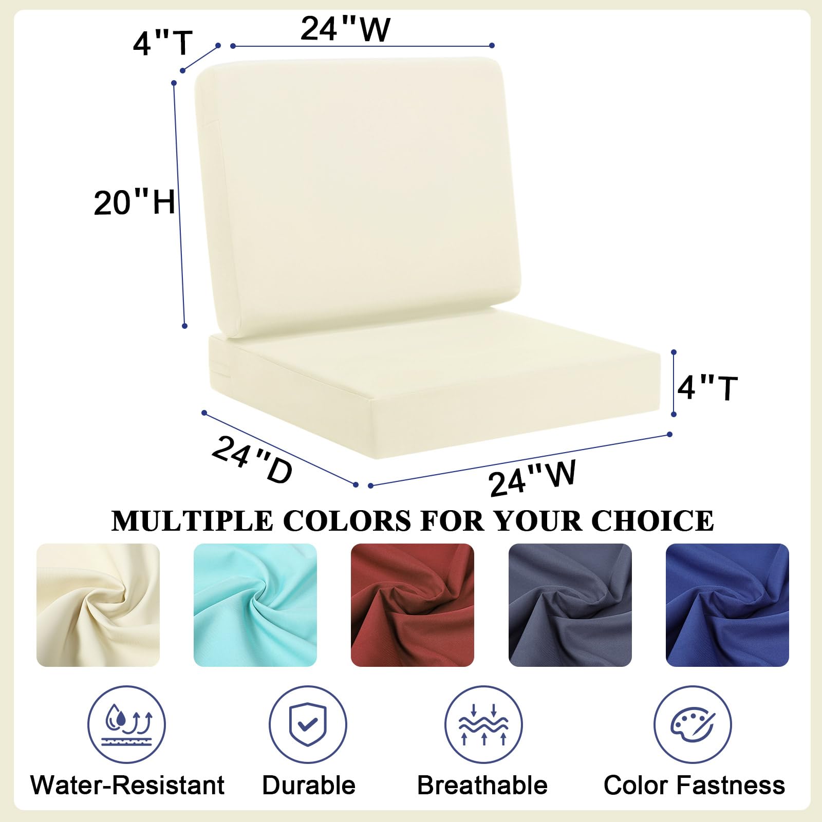 Topotdor Outdoor Deep Seat Cushion Set,Waterproof Outdoor Chair Cushions and Back Cushion for Patio Furniture with Fade Resistant Removable Cover with Adjustable Straps,24"x24"x4" Beige