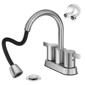 phiestina pull down sprayer brushed nickel bathroom faucet, 4 inch 3 hole centerset pull out bathroom sink faucet，with 360 swivel spout, metal pop-up drain & cupc water supply lines, bf04011-k01-gbn