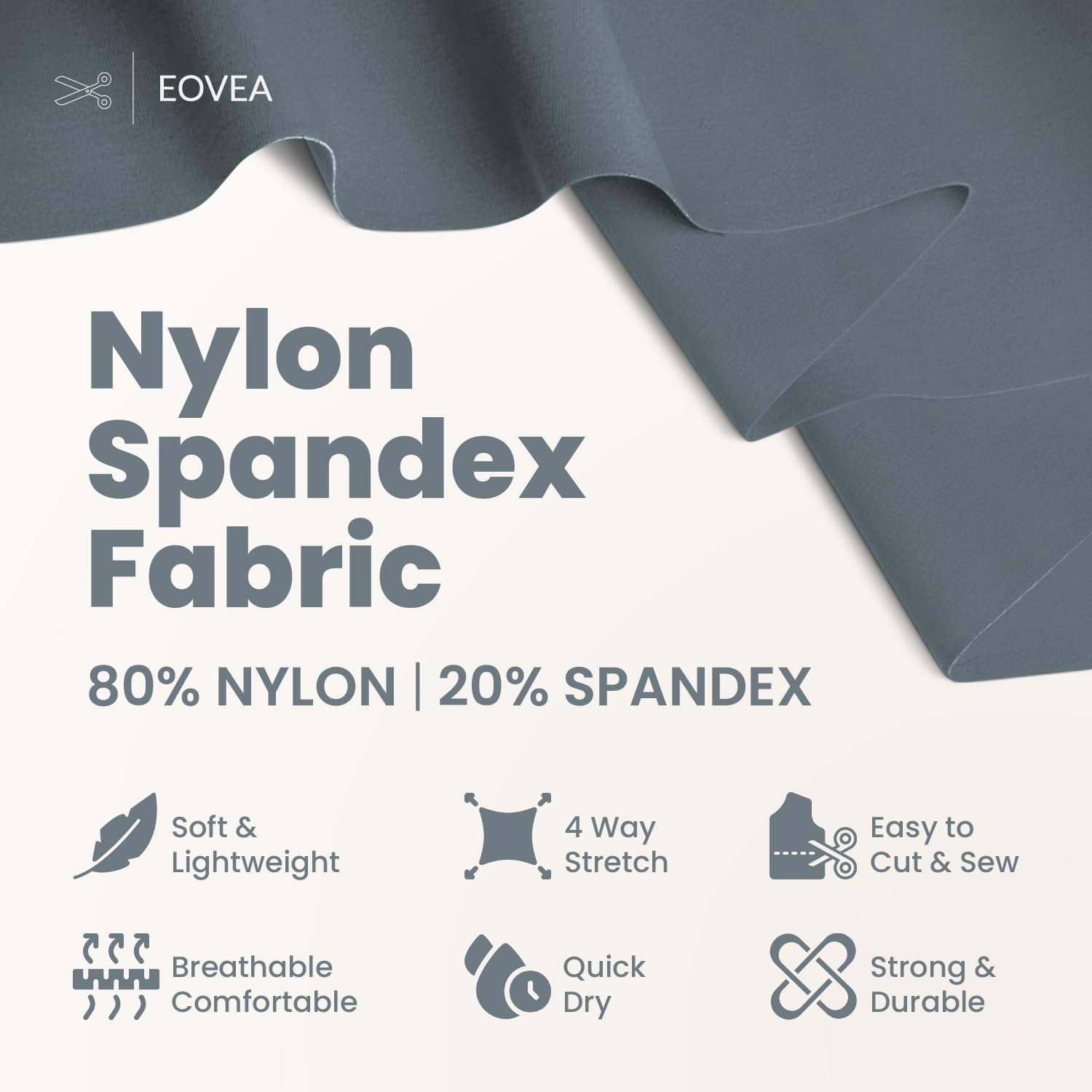 EOVEA - Nylon Spandex Fabric - 4 Way Stretch Fabric - Swimwear Fabric by The Yard - 60" Wide Lycra Fabric - Stretchy Swimsuit Fabric - Matte Tricot Fabric for Activewear - Steel Grey, 1 Yard