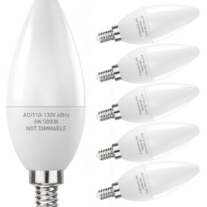 PARTPHONER E12 LED Light Bulbs B11 Candelabra Bulbs 60W Equivalent, Non-Dimmable 6W LED Candle Chandelier Bulb 600 Lumen, 5000K Daylight White, Pack of 6