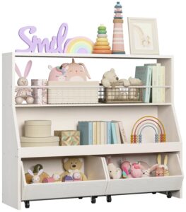 ironck toy storage organizer, kids bookshelf with 2 movable cubby drawers, top toy shelf with crossbar, storage cabinet for nursery, playroom, white