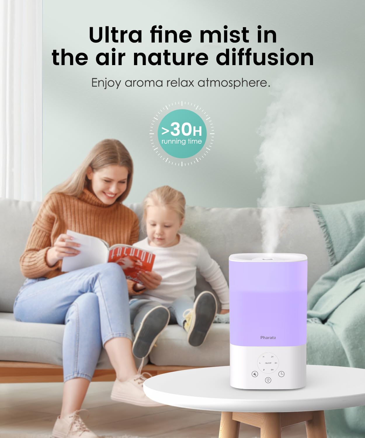 Pharata Humidifiers for Bedroom Baby, 3.5L Top Fill Air Humidifiers for Home, Ultrasonic Cool Mist Humidifiers for Large Room Indoor Plants Nursery, Night Light, White