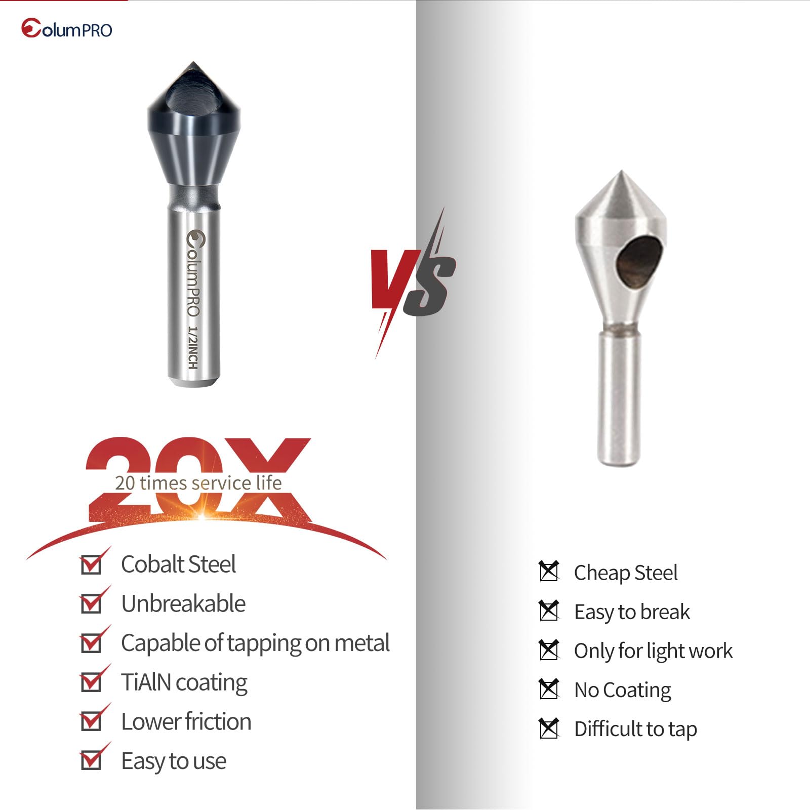 ColumPRO TiAlN Cobalt Single-End Countersink Chamfer Tool - Heavy-Duty M35 82-Degree Countersink Bit for Metal, Stainless Steel, Copper, Wood, Fiberboard, 1/2"