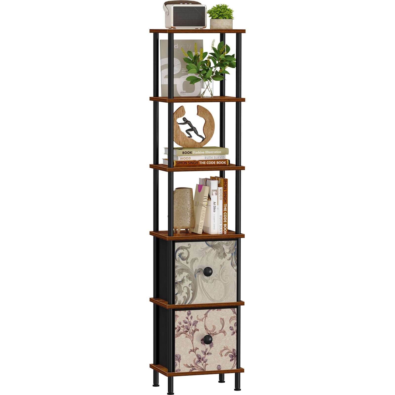 Sunghome Bookshelf, 6-Tier Bookcase with 2 Drawer, Narrow Bookshelves for Bedroom, Living Room, Free Standing Book Shelf Storage Organizer for Books, CDs, Rustic Brown