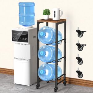 5 gallon water bottle jug holder 3-tier water bottle holder organizer with lockable casters heavy duty water storage rack water dispenser stand with wood top shelf for kitchen office garage brown