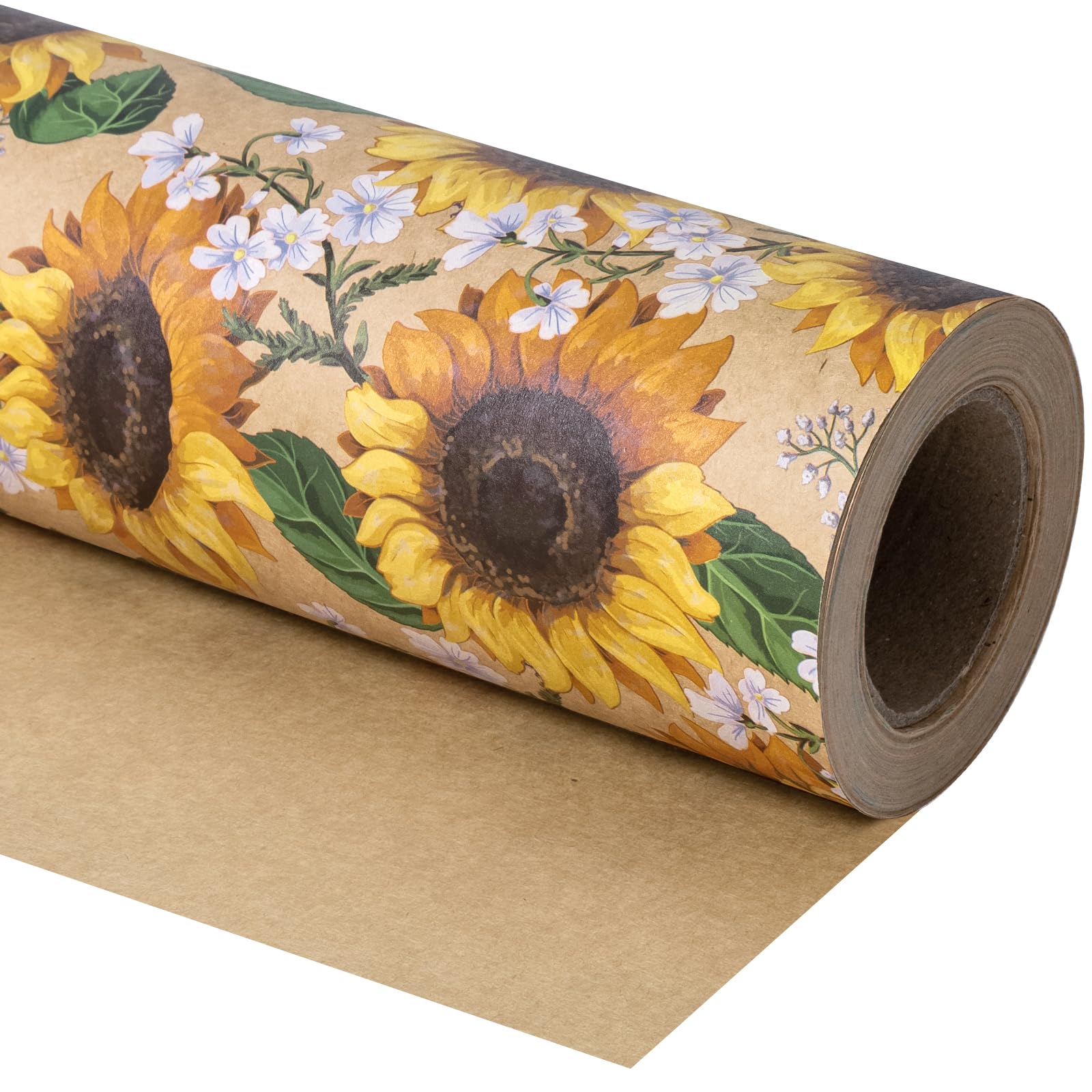 WRAPAHOLIC Kraft Floral Wrapping Paper Roll - Mini Roll - 17 Inch x 33 Feet - Sunflower Design, Perfect for Birthday, Baby Shower, Party, Holiday