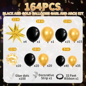 164Pcs Black and Gold Balloons Garland Arch Kit,Black and Gold Balloons with Gold Star Balloons, Black Gold Confetti Latex Balloons, for Graduation Retirement Anniversary Birthday Party Decorations