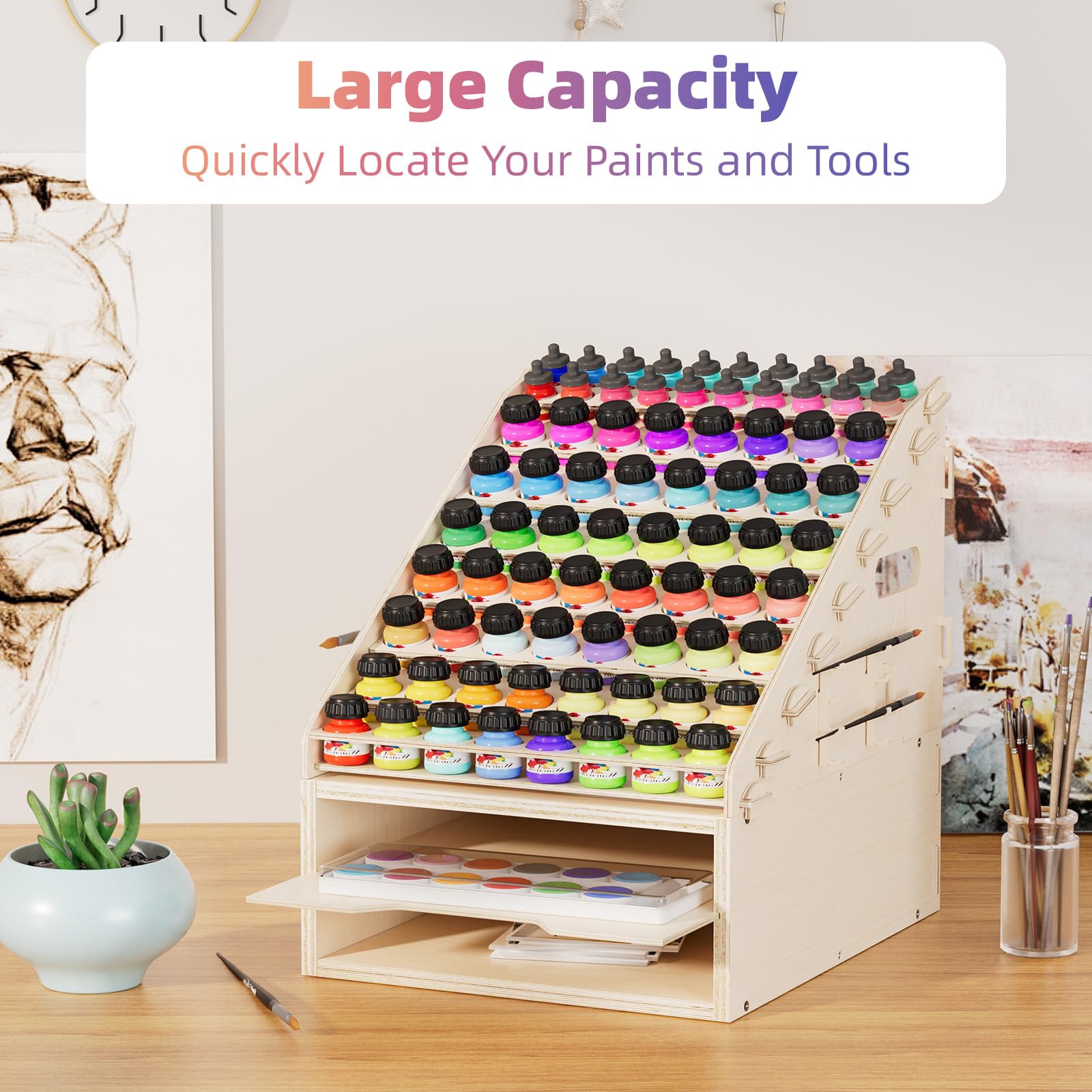 YAGEANNL Wooden Paint Organizer, Paint Rack Organizer with 76 Holes of 2 Sizes and 16 Brush Holders, 2 Cabinets Suitable for Citadel Paints, Craft Paint Storage Organizer for Miniature Paint Set