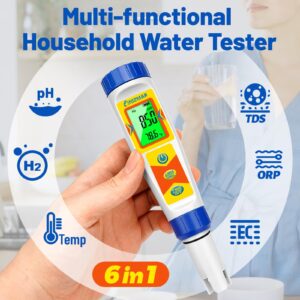 UIUZMAR Hydrogen Water Tester pH Meter 6 in 1 pH H2 ORP TDS EC Temp Tester Dissolved Hydrogen Tester for Hydrogen Water Bottle pH and ORP Meter for Household Drinking Water Hydroponics Pool