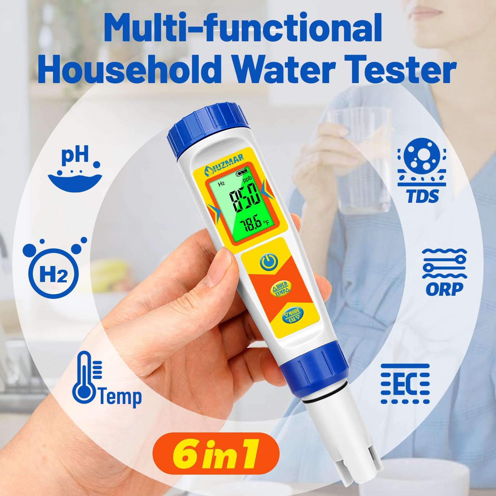 UIUZMAR Hydrogen Water Tester pH Meter 6 in 1 pH H2 ORP TDS EC Temp Tester Dissolved Hydrogen Tester for Hydrogen Water Bottle pH and ORP Meter for Household Drinking Water Hydroponics Pool